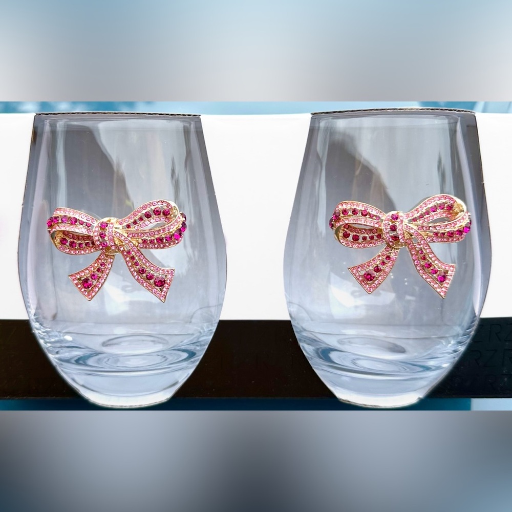 Stemless Wine Glasses - Rhinestone Bow Embellished Glasses - Set of 2
